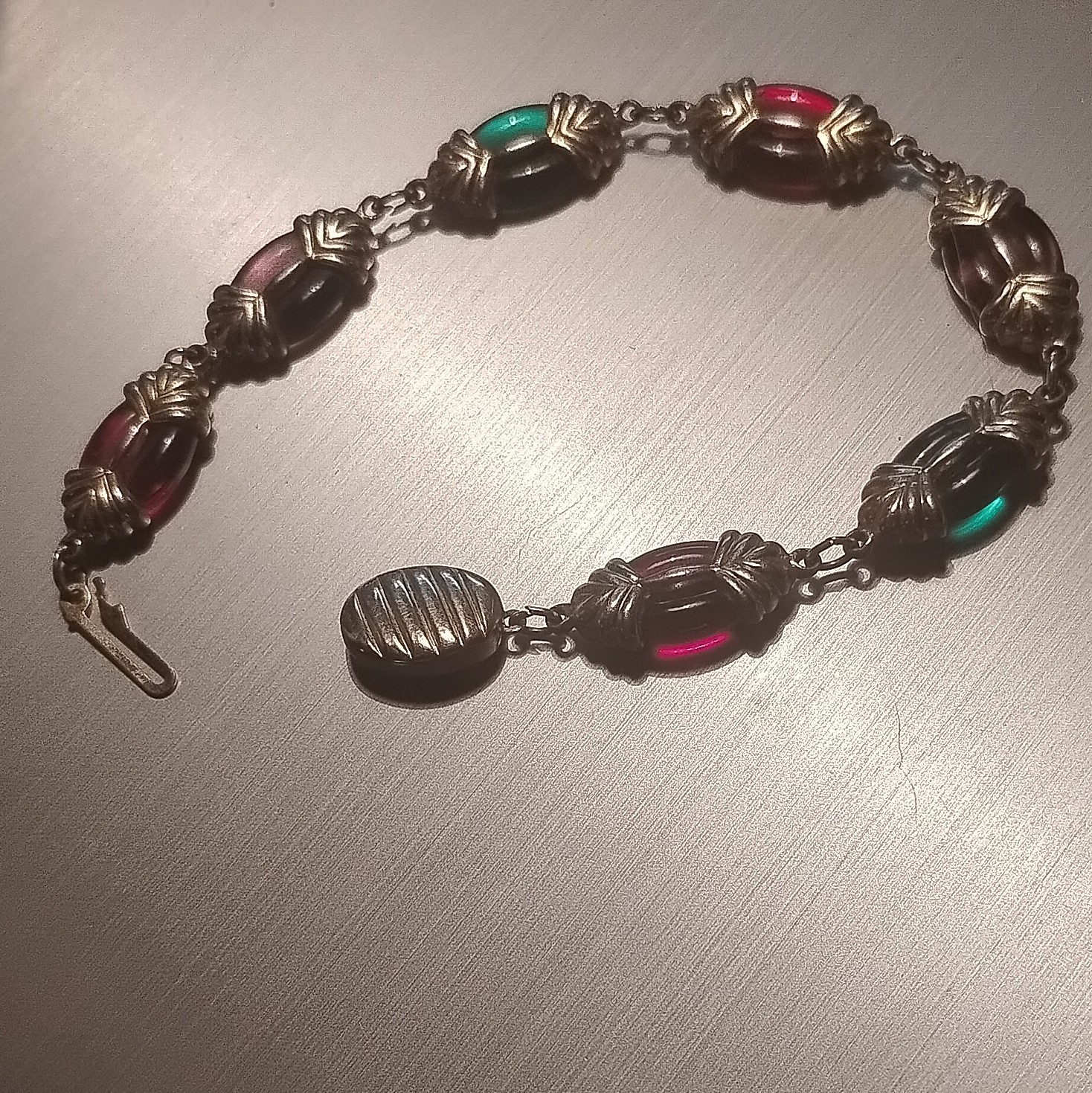 Swarovsi Gold Tone Cable Chain Bracelet Red Green and Purple Oval Glass Beads