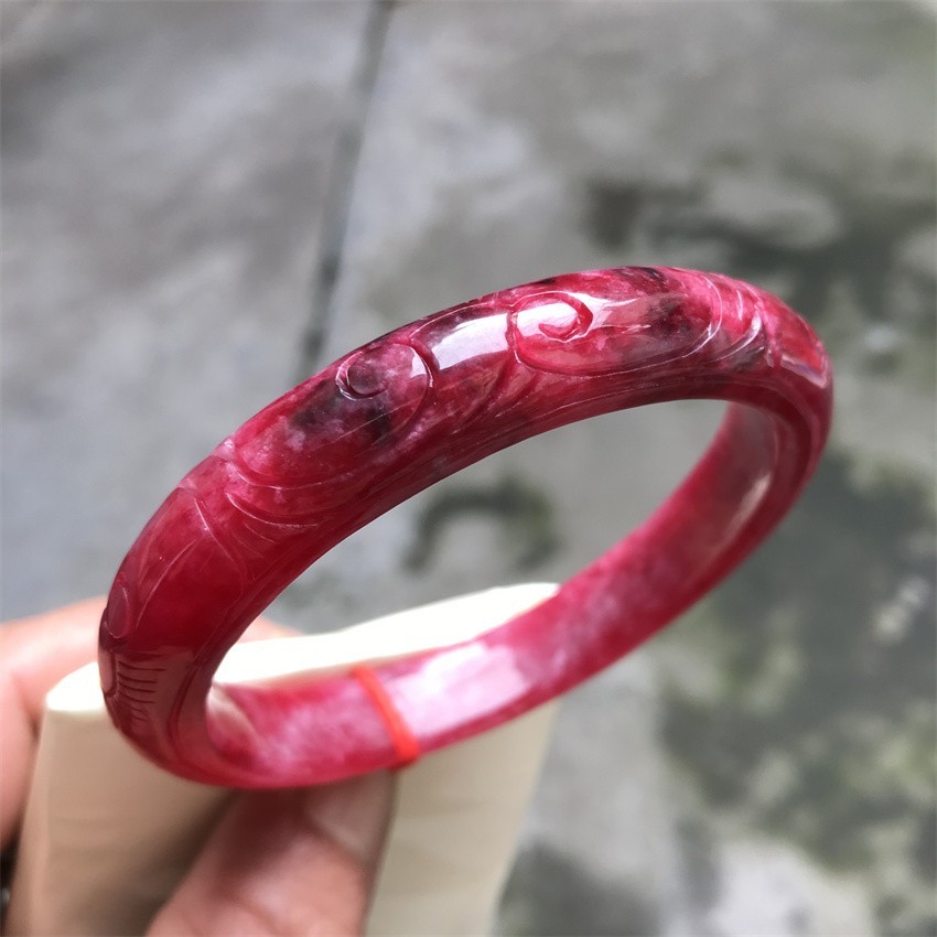 61mm Natural Icy Red Jadeite Jade Bracelet Myanmar Carving Jade Bracelet