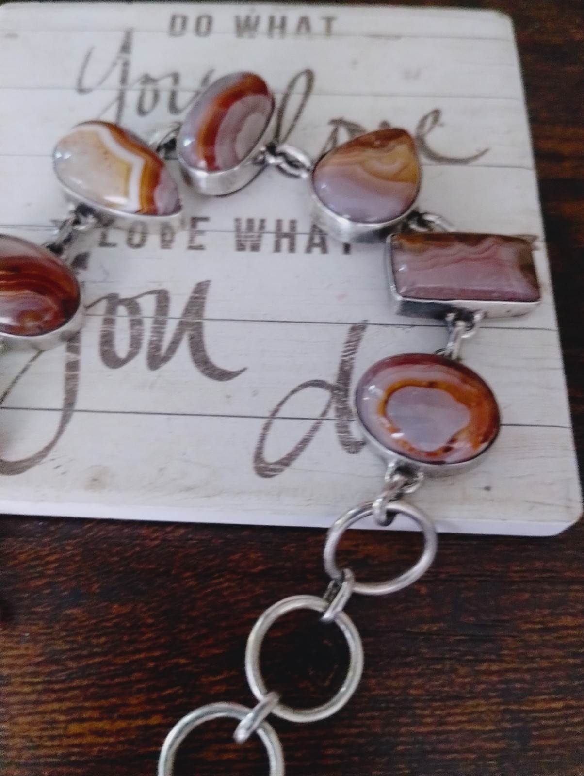 Natural SJ Red Banded Agate Stone Sterling Silver Sajen Toggle Bracelet 7-9in