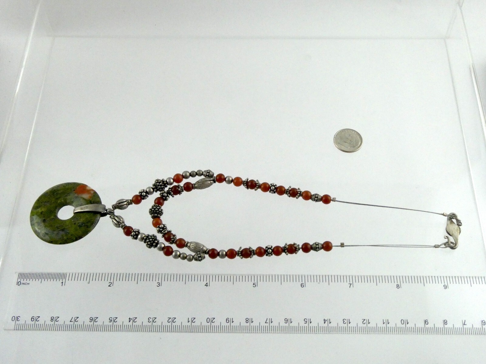 Sterling Silver Unakite Carnelian Double Strand Pendant Necklace 925 44.5g 15 In
