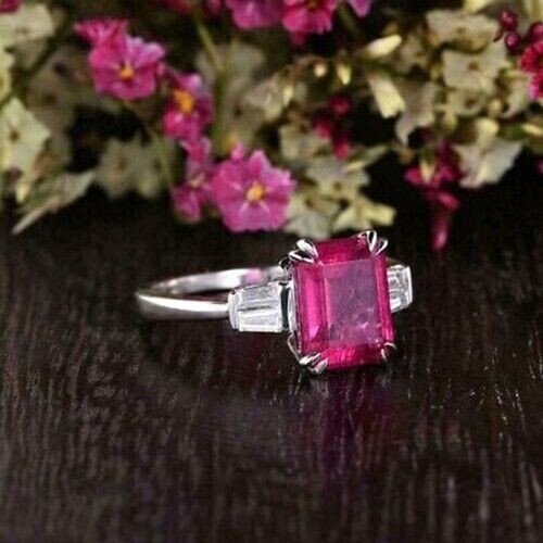 2 Ct Emerald Lab Created Sapphire 3-Stone Engagement Ring 14k White Gold Plated