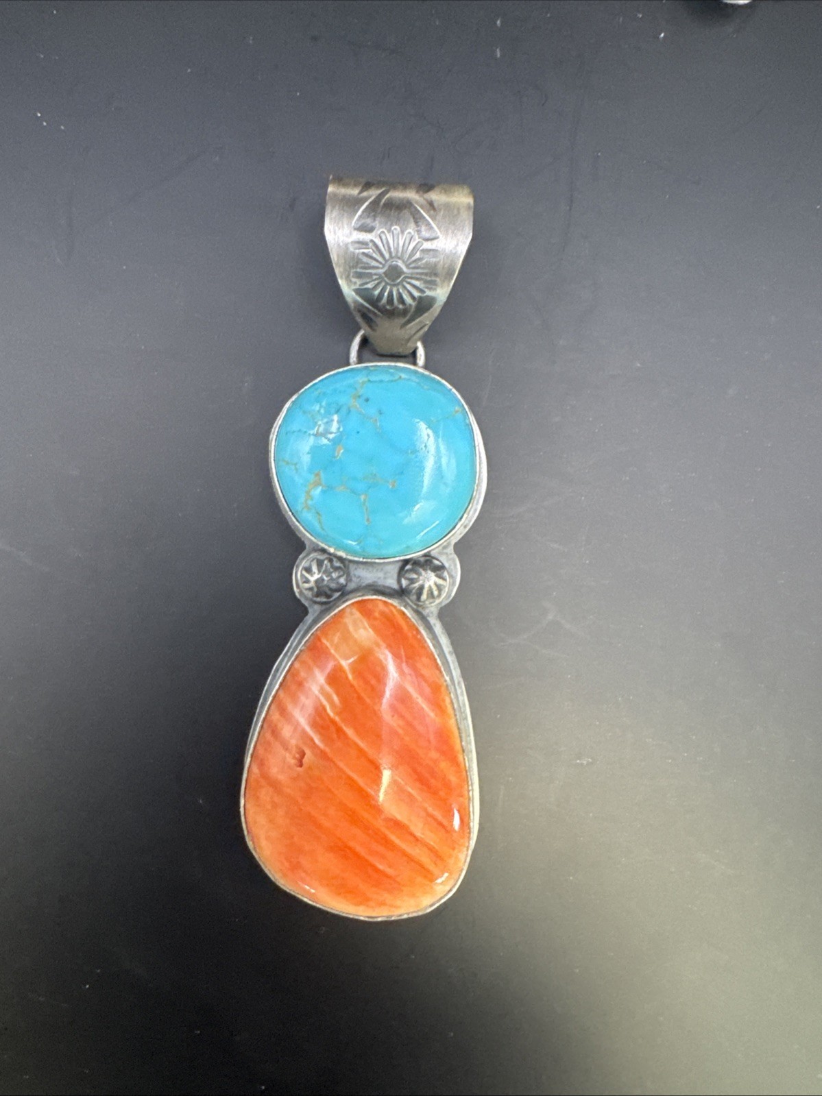 Native American Kingman Turquoise & Orange Spiny Oyster Pendant