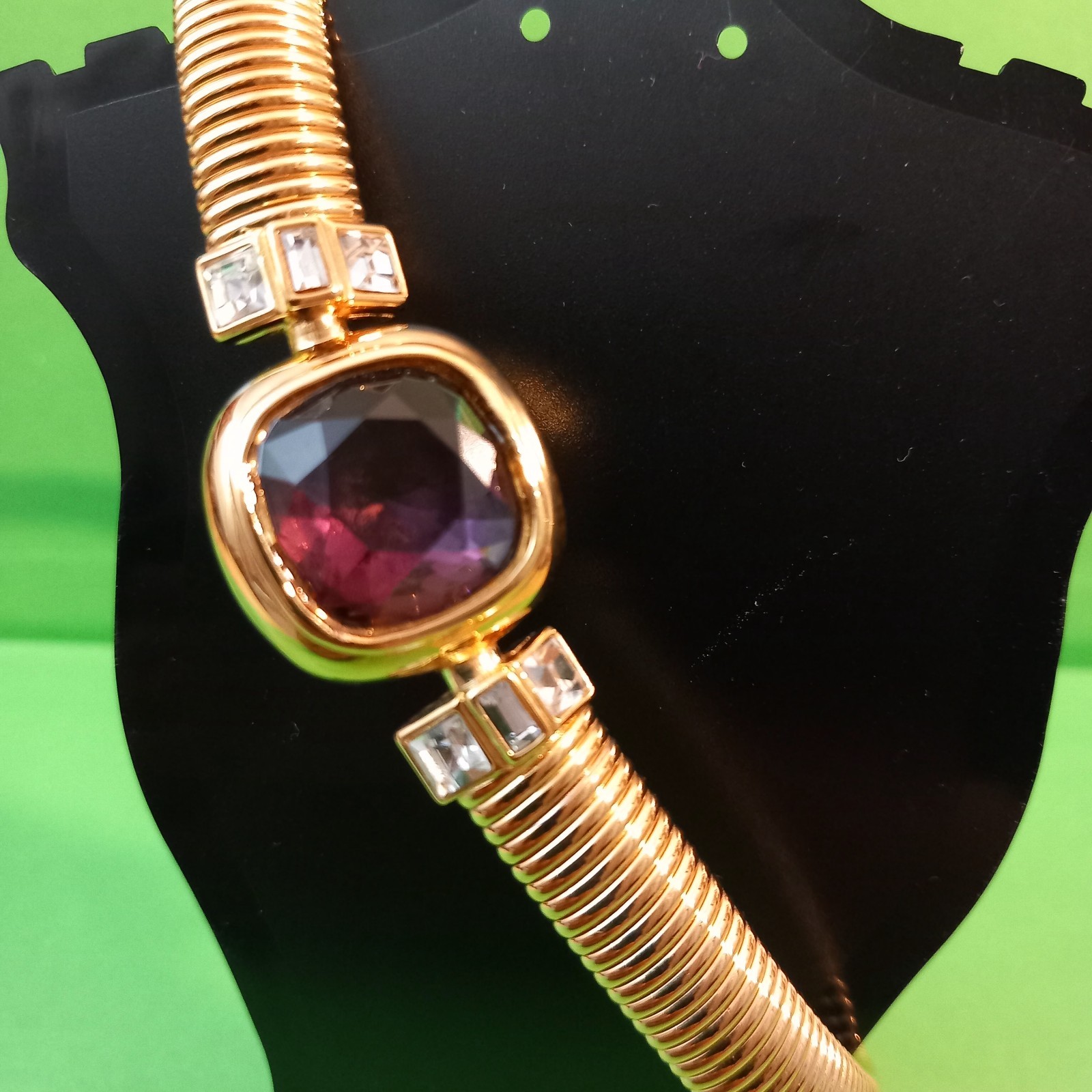 1980’s Nina Ricci Gold Tone Omega Tubogas Collar Necklace Purple&Clear Crystals