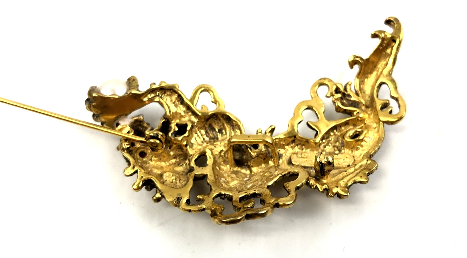 Vtg Antique Mark EN 87 Sterling Silver Gold Chinese Dragon Ruby Yes Brooch Pin