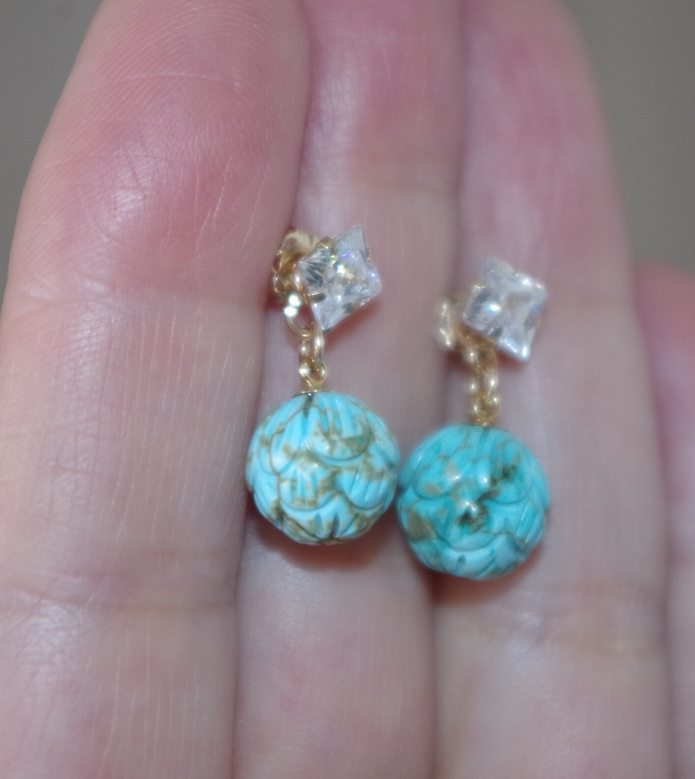 VINTAGE 1OK GENUINE 6 MM ZIRCON STUD EARRINGS W 10 MM TURQUOISE BALL JACKETS