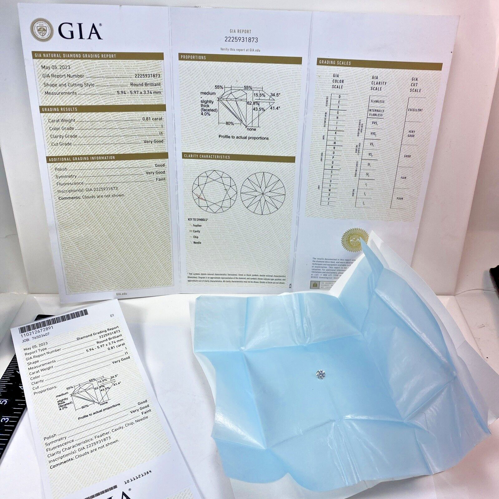 GIA Graded Certified 0.81Ct Diamond Color I Clarity I1 Very Good Cut