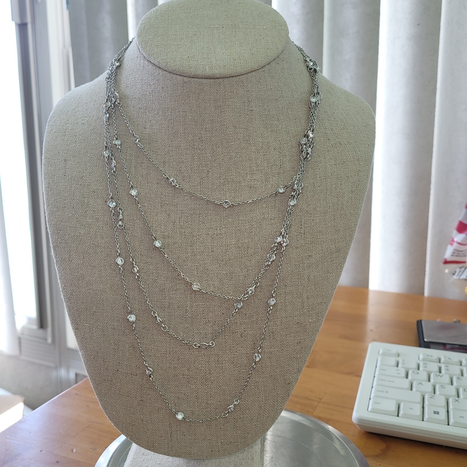 925 Sterling Silver Multi Strand Bezel CZ Station Layered Necklace 16″