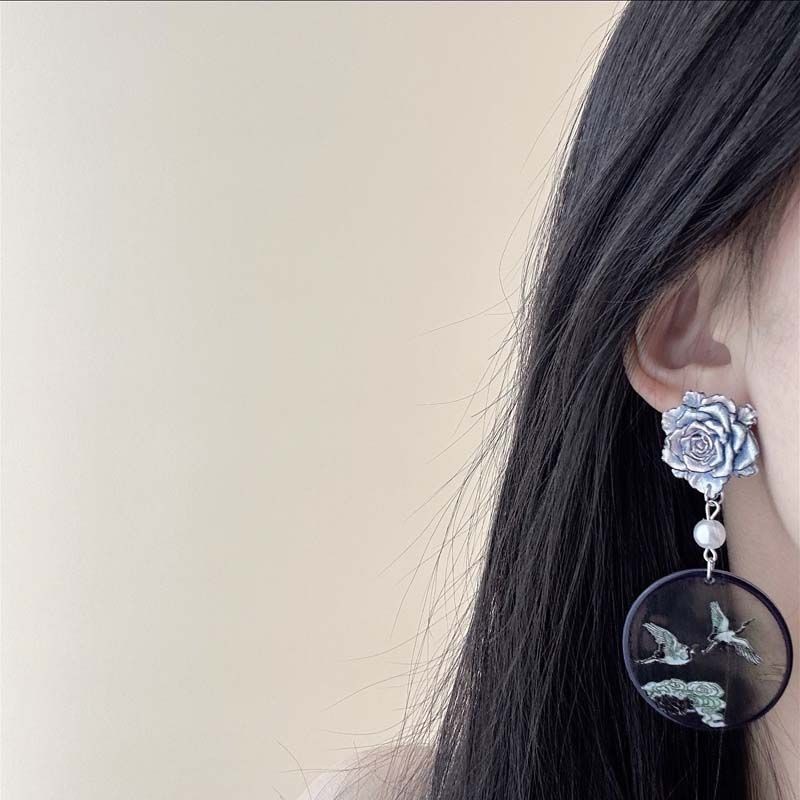 New Blue Rose Crane Earrings Chinese Earrings for Women