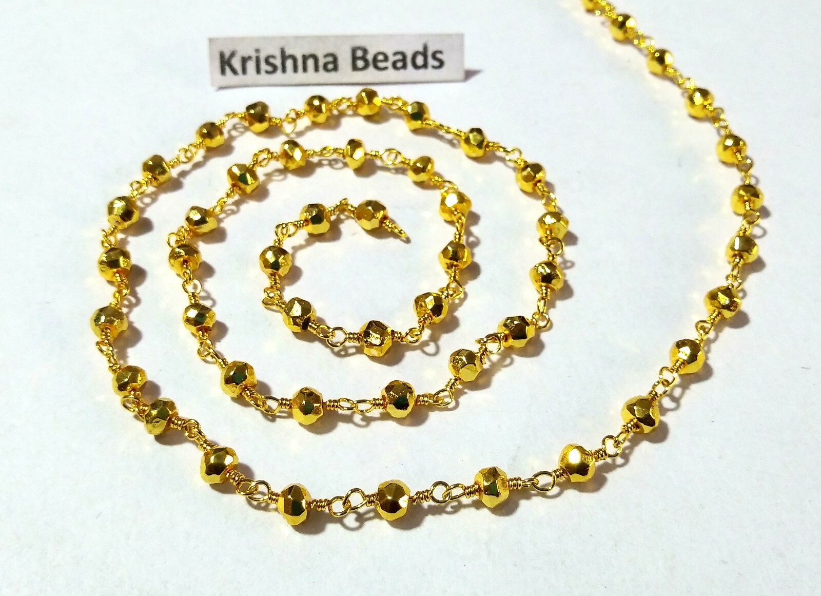Golden Pyrite Roundelle Rosary Beaded Chain 24k Gold Plated Wire 3mm 3 Feet