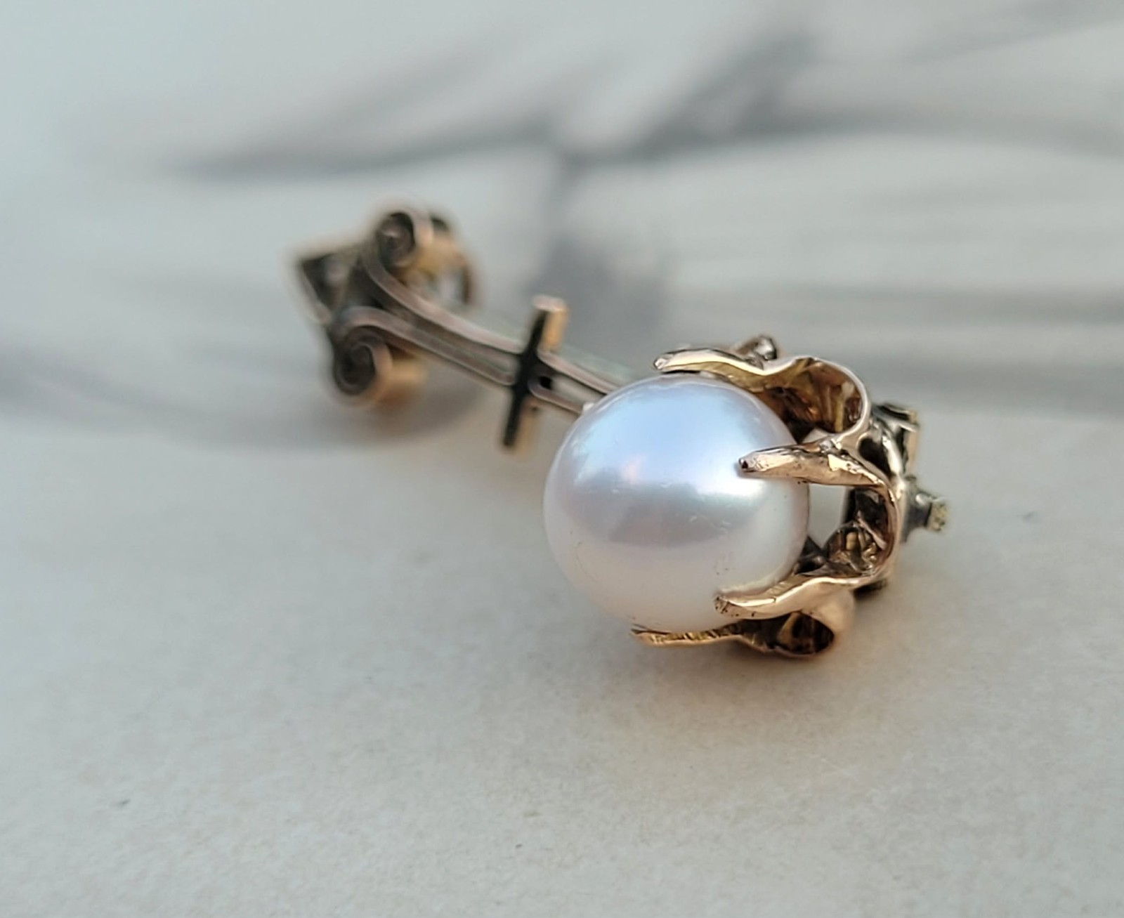 Antique 10k Yellow Gold Pearl Belcher Set Asymmetrical Victorian Brooch Pin