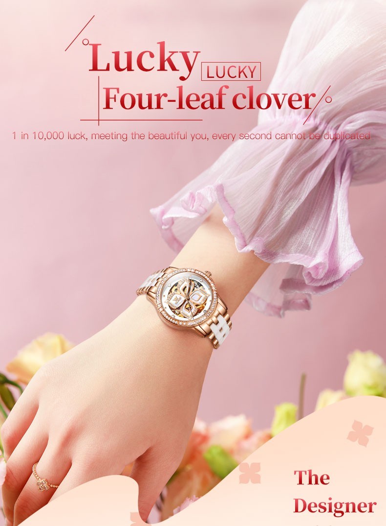 OLEVS 6612 Leather Ceramic Fashion Automatic Female Dress Mechanical Wristwatch