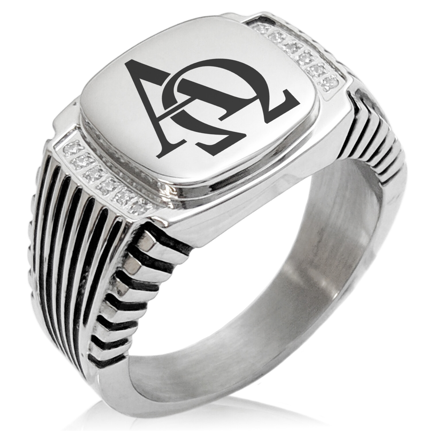 Stainless Steel Steel Alpha & Omega Symbol Striped CZ Biker Style Signet Ring