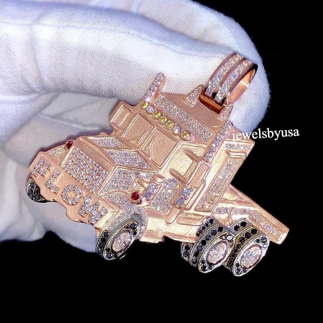 Men’s Semi Truck Pendant Lab Created Diamond Two-Tone In 925 Sterling Silver