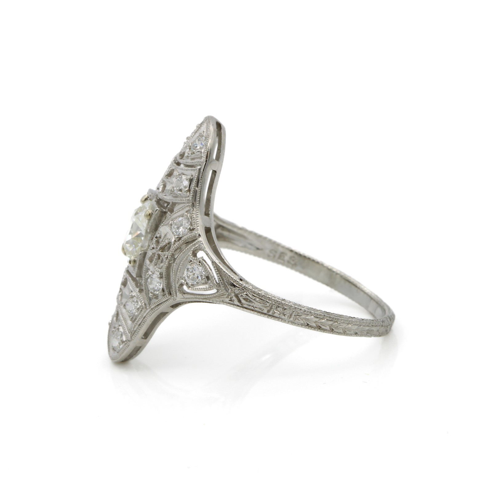 Edwardian Platinum Die Struck 0.78ctw Diamond Filigree Sz 8 Ring #E139033-1