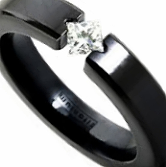 TITANIUM Black Plated TENSION RING with 4mm SQUARE CZ, size 10 – in Gift Box