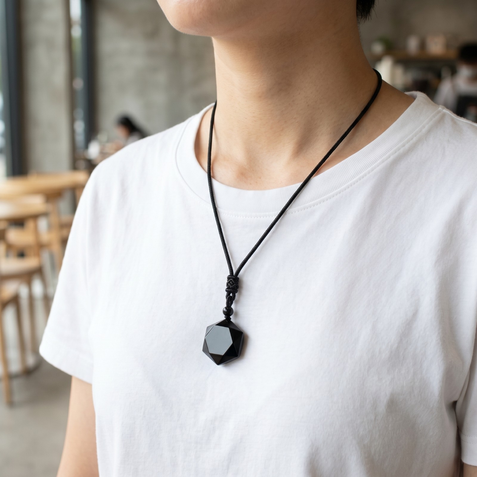 Natural Black Obsidian Star Pendant Necklace Adjustable Wax Cord Protection