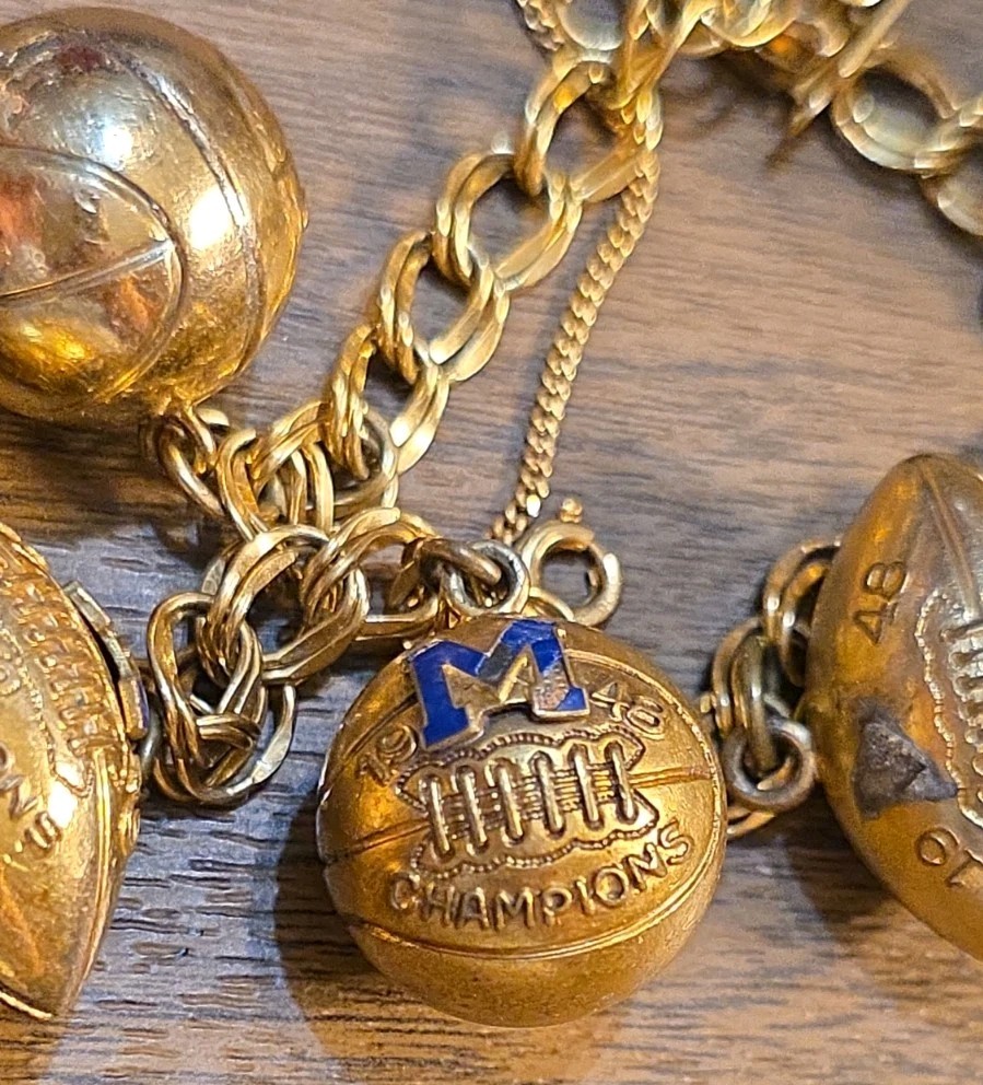 1940s & 1950s 12K GF Spartan Charm Bracelet Gold Football Basketball GTE Charm