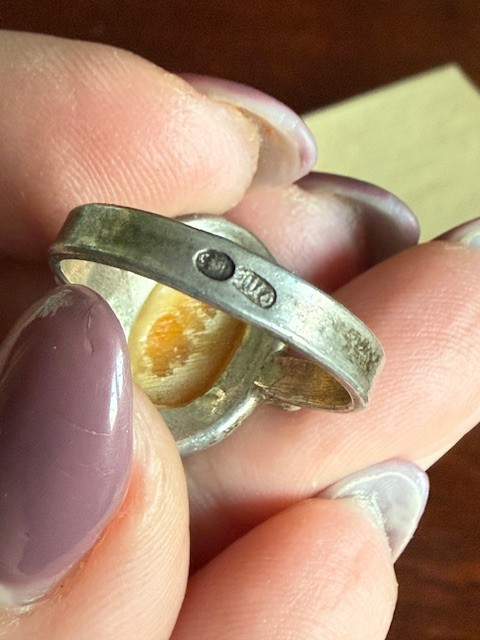 Vintage Sterling Silver 925 Baltic Egg Yolk Oval Amber Cabochon Ring 1960’s sz 7