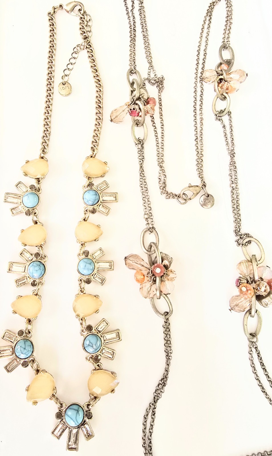 2 LOFT Signed Gold Tone Necklaces 34in Yellow Flower Cluster 18in Blue/yellow