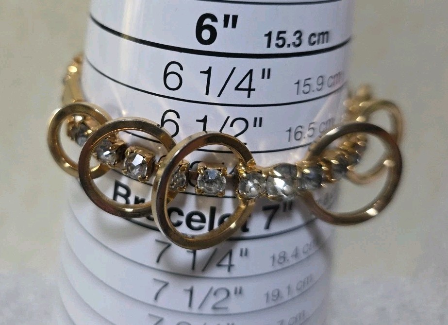 Goldtone Circles with Rhinestone Bracelet With Safety Chain Box Clasp. #781