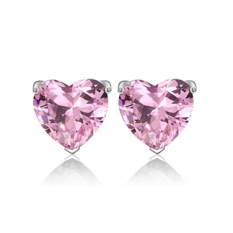 Solid Sterling Silver Pink Heart CZ Shaped Stud Earrings 5MM Cubic Zirconia