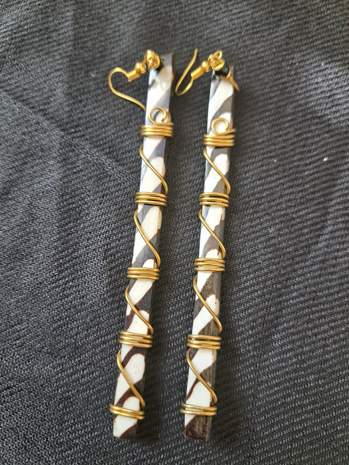 5″ Handcrafted African Bone Dangling Earrings With Bronze Spiral From Kenya