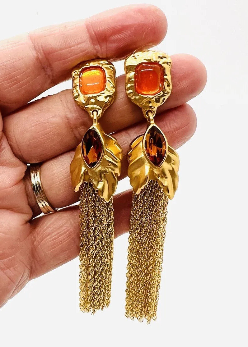 Long Catwalk Jon Amber Poured Resin & Rhinestone Chain Tassel Earrings Posts New