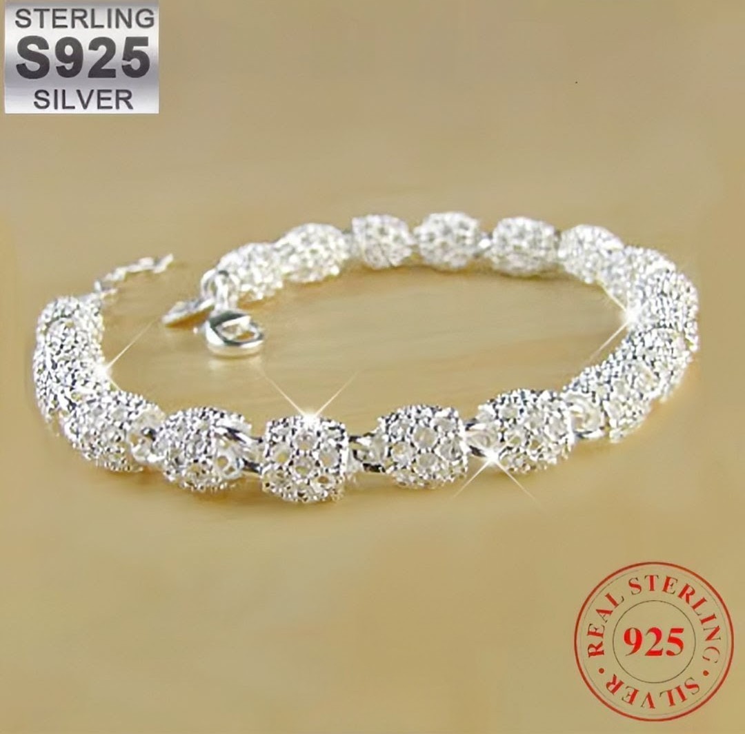 Sterling Silver 925 Filagree Link Chain Bracelet 8in with Lobster Clasp