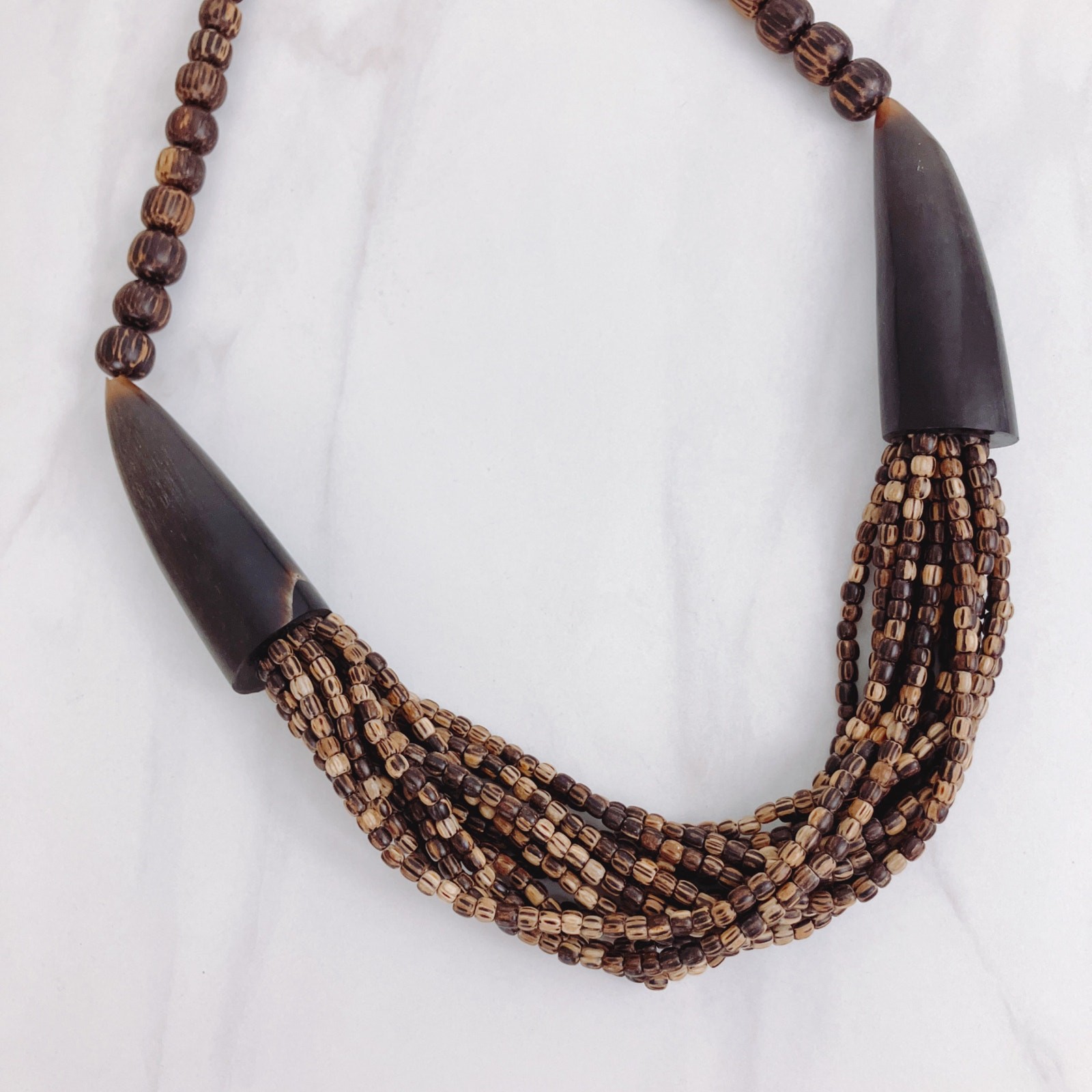 Tribal Wood Bead Bib Necklace & Earrings Set, Faux Horn, Boho