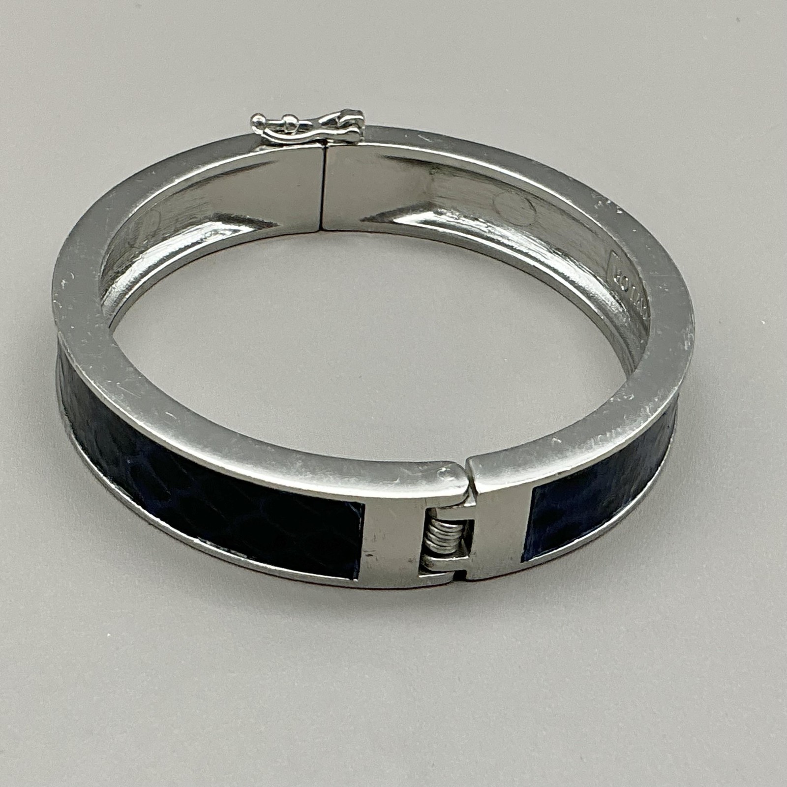 Ann Taylor Bracelet Blue Enamel Bangle Silver Tone Crystal Hook Clasp Womens
