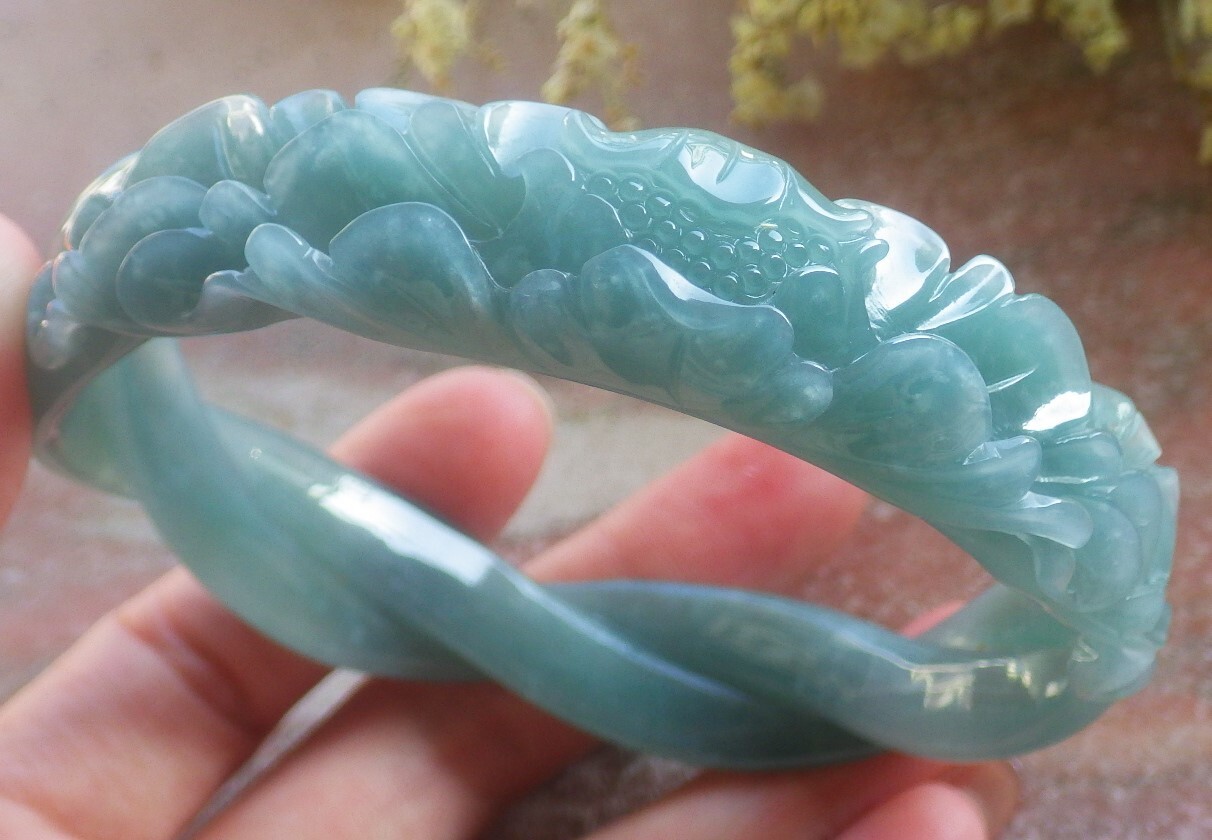 Video Certified Large Green A JADE Jadeite Flower Bangle Bracelet 69mm 200433 AS