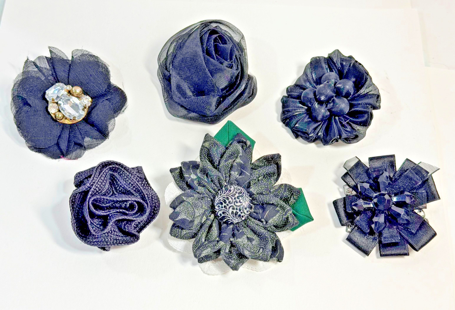 Lot of 6 Black Fabric Flower Brooches Handmade Upcycled Ribbon Lace Pins
