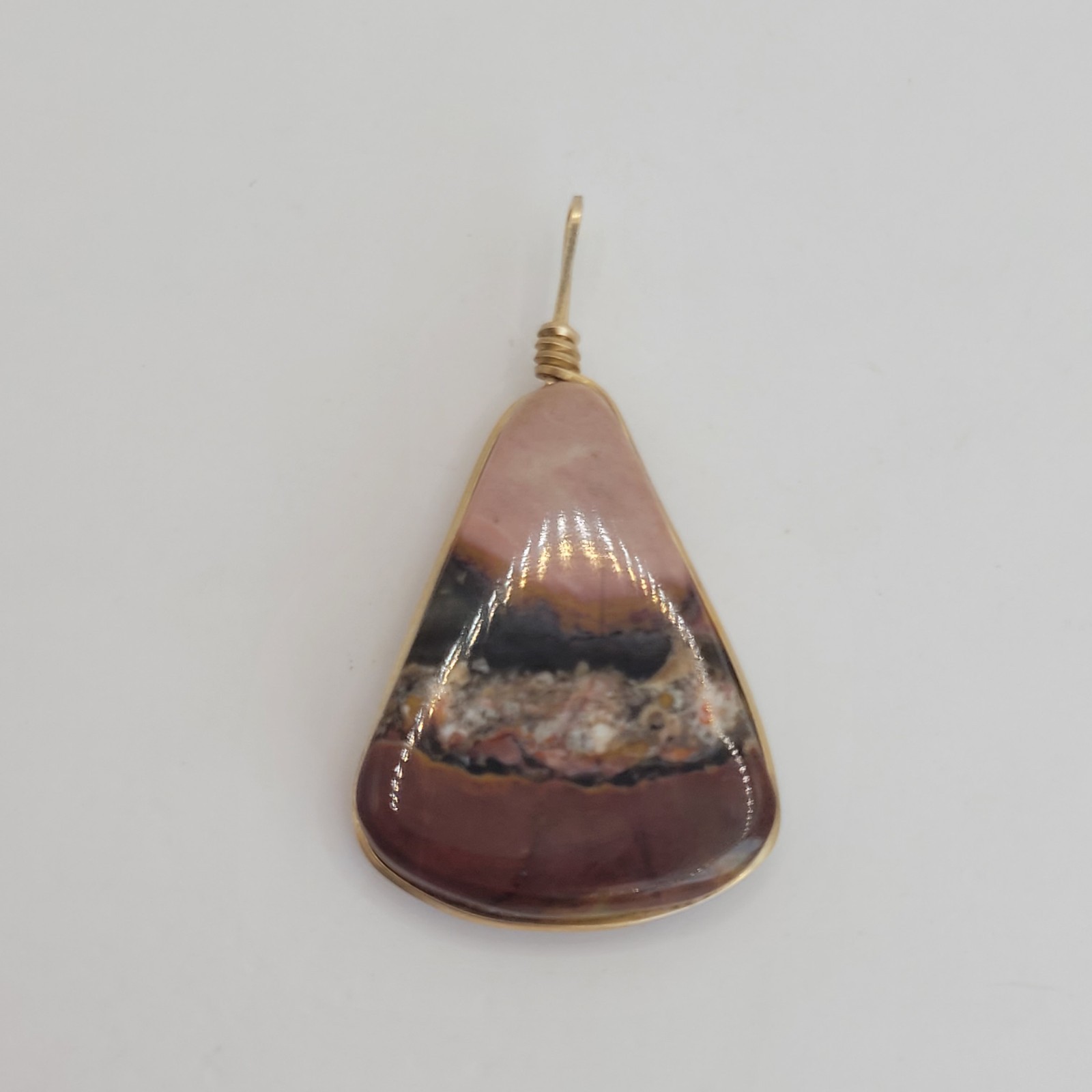 Vintage Gold Tone Wire Wrap Pink Purple Brown Mookaite Jasper Stone Pendant