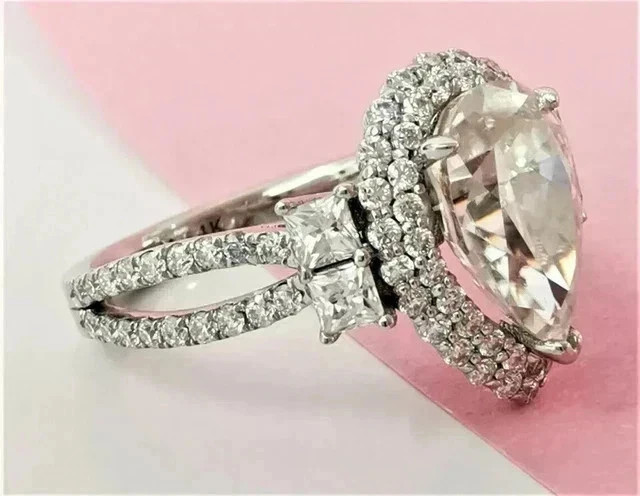 2Ct Engagement Pear Cut Lab Created Diamond Halo 14K White Gold Plated Ring