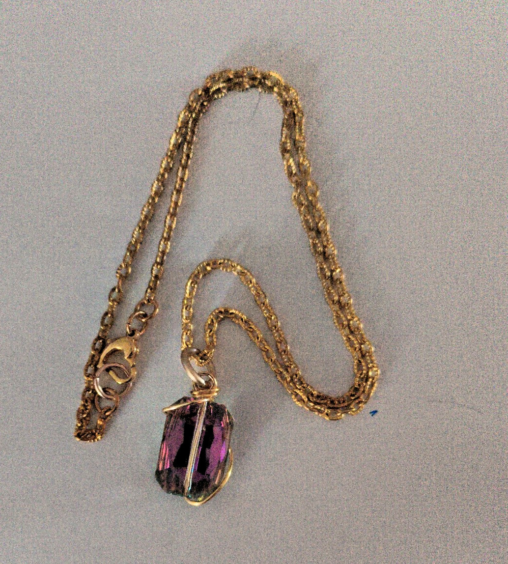 #5 Gold Necklace with a Pink/Green Crystal Wire Wrapped