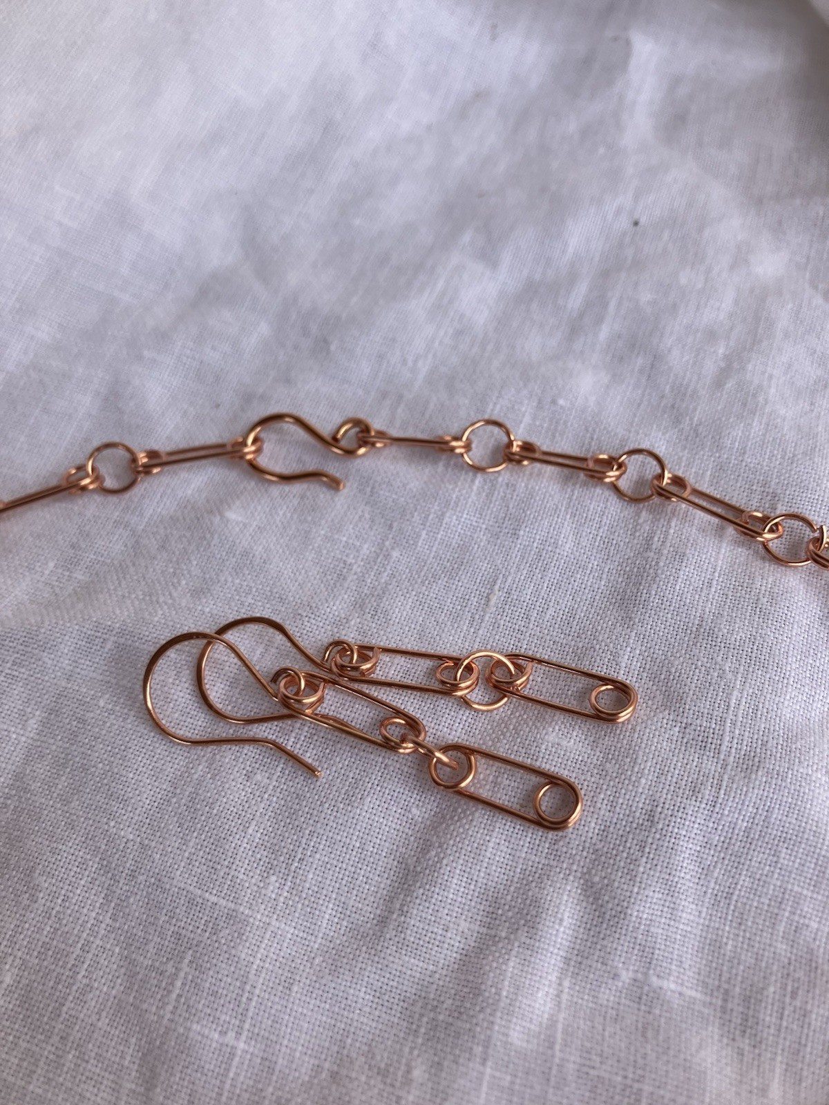 Tribute to Punk Safety Pin Inspired Hand Made Copper Link Necklace and Earrings