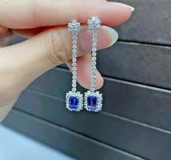 4Ct Emerald Cut Blue Tanzanite Halo Drop & Dangle Earrings 14K White Gold Finis