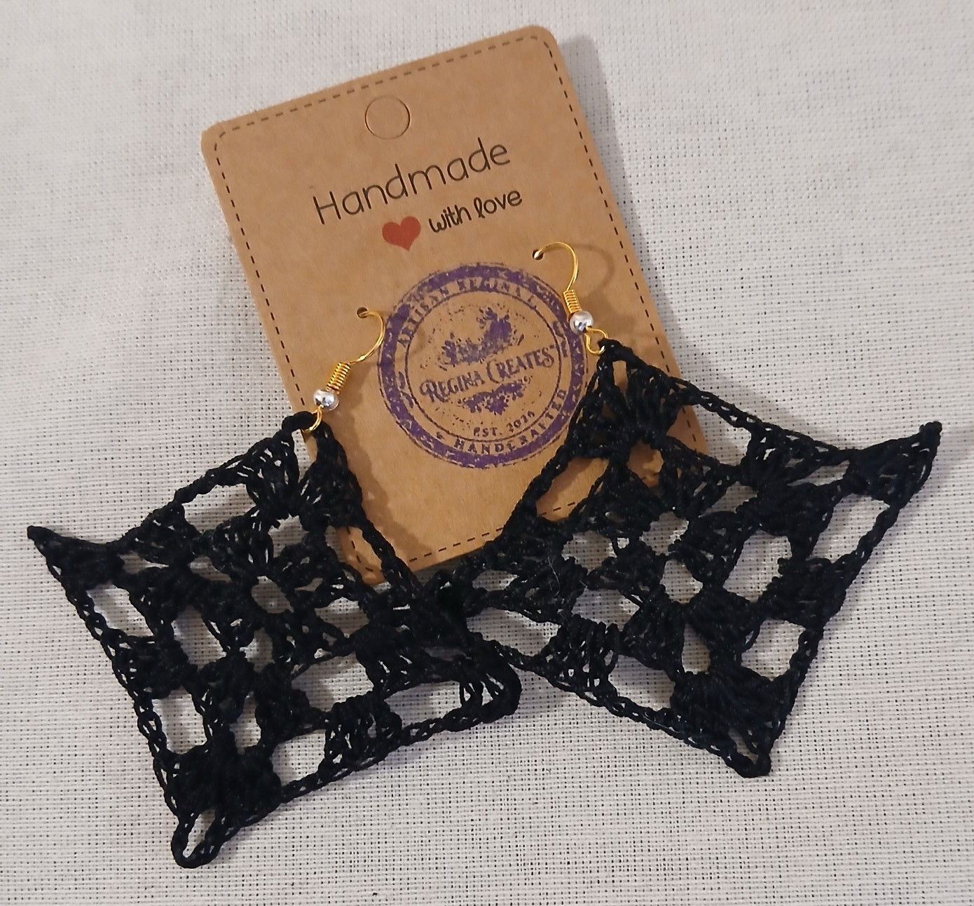 Handmade Black Crochet Lace Earrings, Geometric Dangle, Boho Statement Jewelry