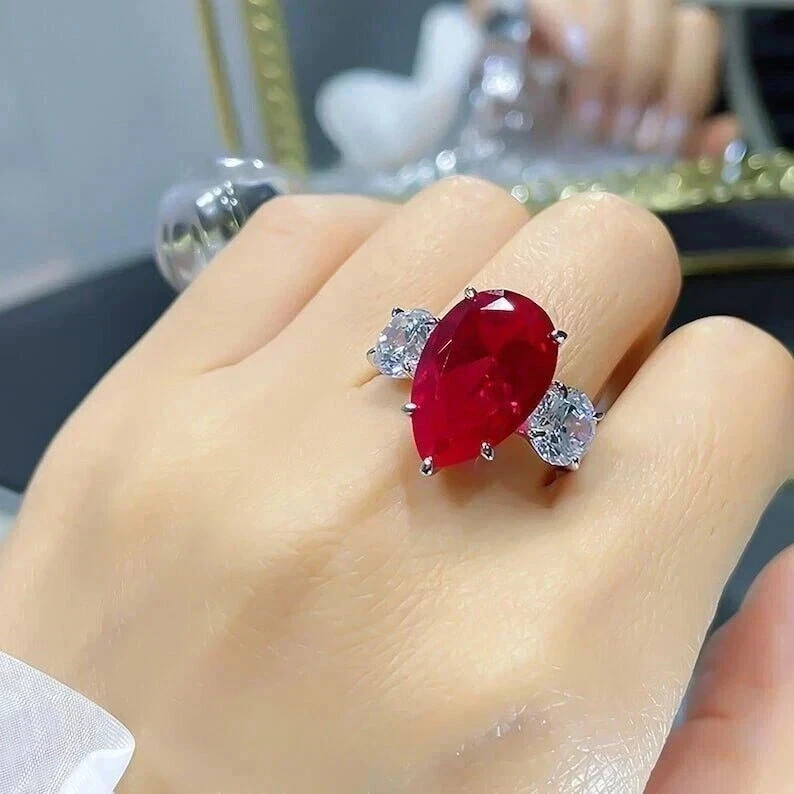 4.90 Ct Pear Cut Natural Red Ruby Diamond Proposal Ring 14K Solid White Gold 7