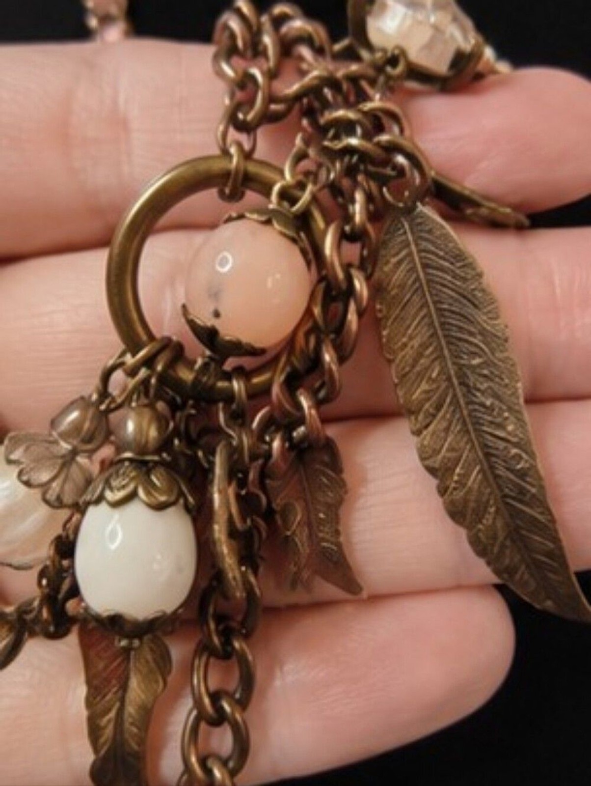 Vintage Romantic Cottagecore Charm Necklace Antique Copper Pink Glass Flower