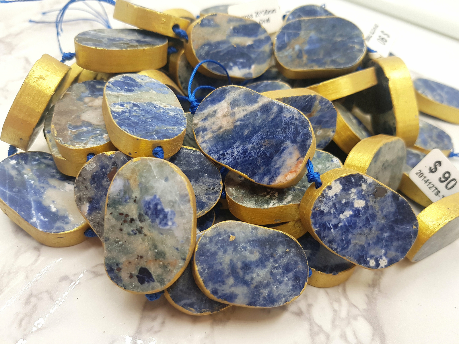 Sodalite Oval Bezel Slab Gold Leaf Edge Beads Approx 20x30mm 15.5″ Strand