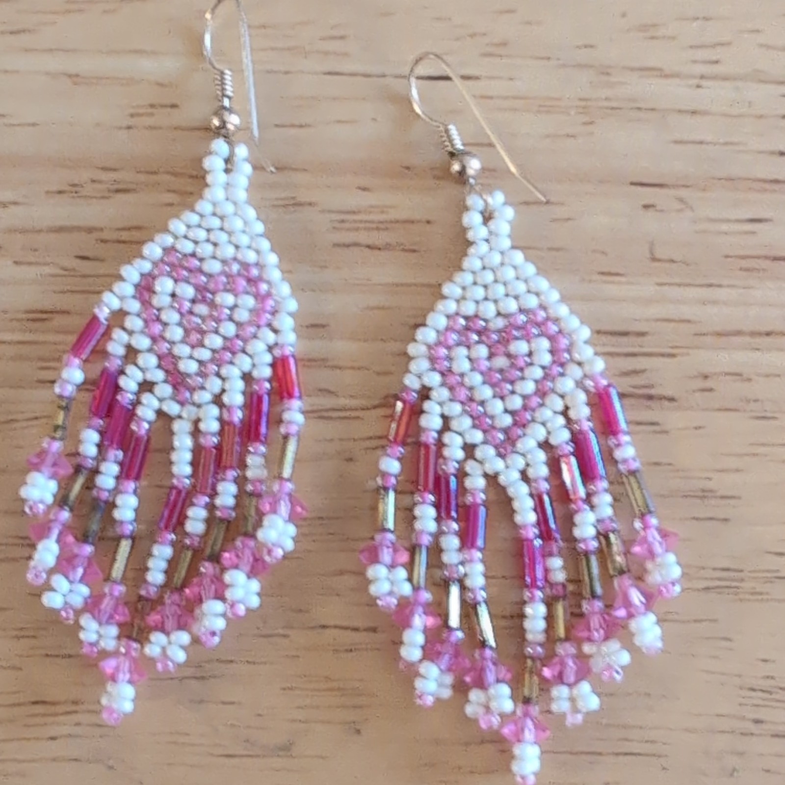 Handcrafted Pink White Gold Beaded Heart Dangle Drop Hook Earrings Glass