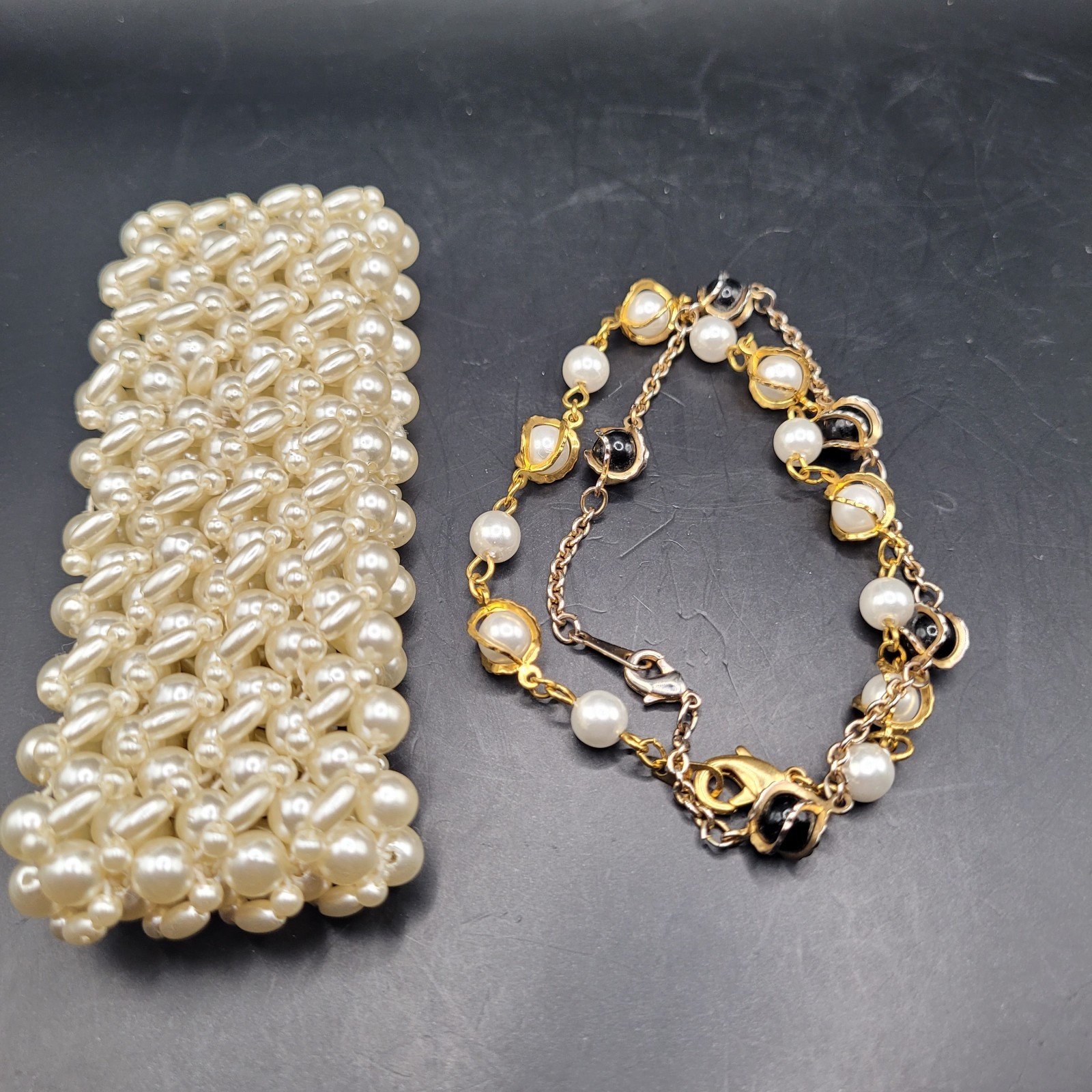 Faux Pearl Bracelets Set of 2 One Black and White Faux Pearls Gold Tone