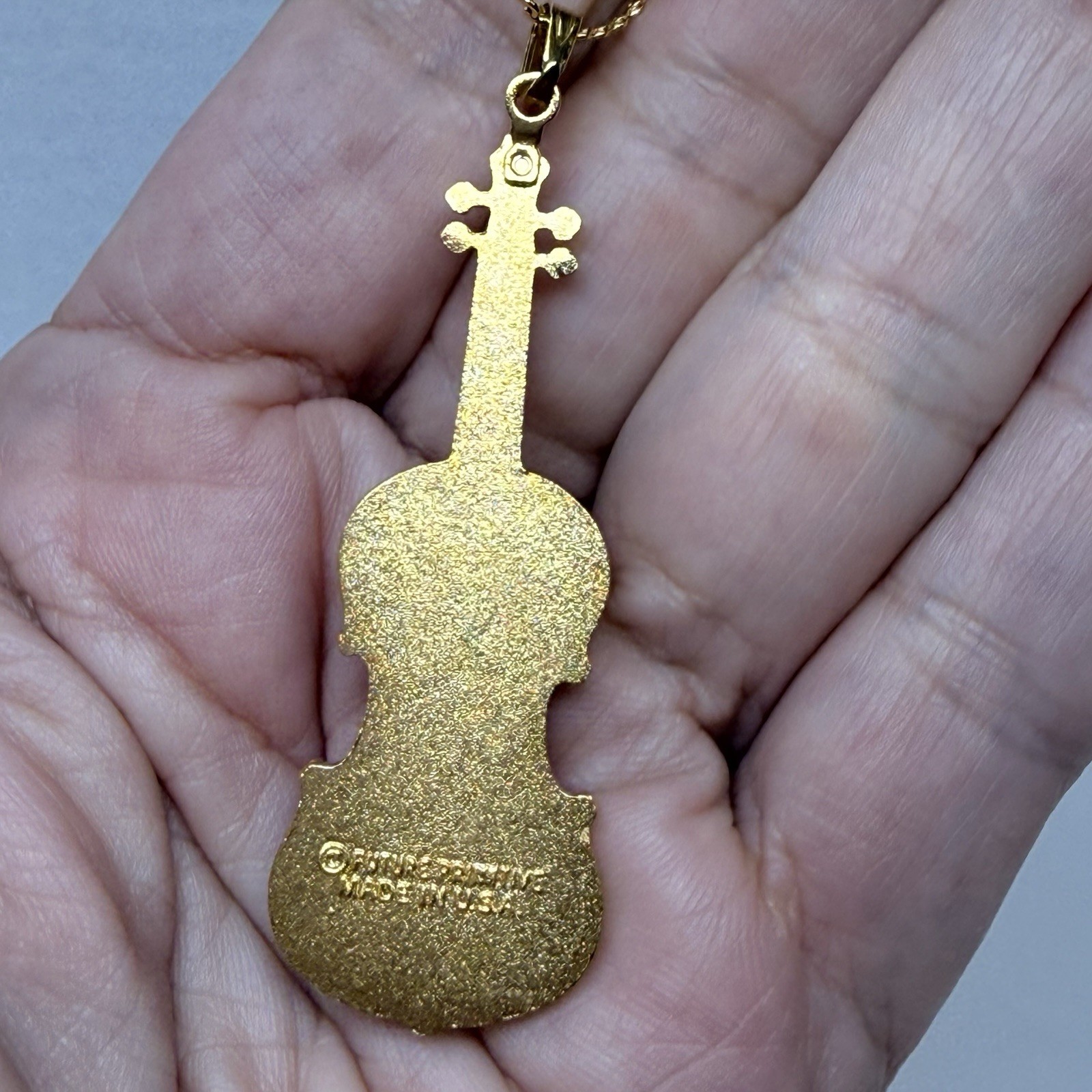 Vintage Future Primitive Gold Tone Enamel Violin Cello Pendant Long Necklace
