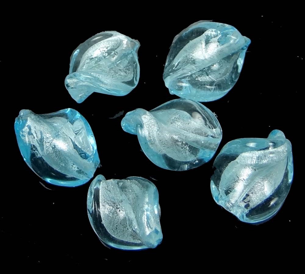6 Lampwork Handmade Glass Silver Foil Sky Blue Twist Oval Beads 16x14mm