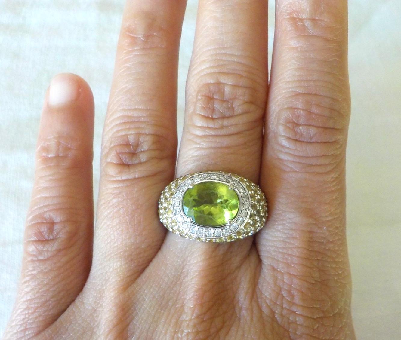 Heavy 18K White Gold Peridot Sapphire Diamond Ring – 12.6 gms, Sz 5.75, 4.90 ctw
