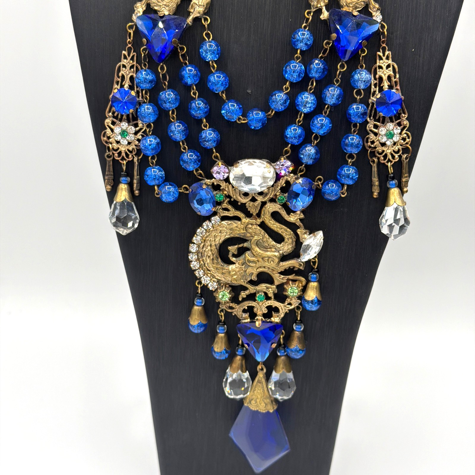 Vintage Czech Glass Necklace Blue Beads Multi Strand Dragon Motif Statement