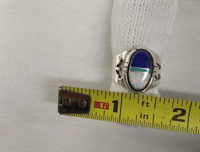 Navajo Inlay Sterling Silver Ring Lapis Opal Turquoise Signed JP Southwest Nice