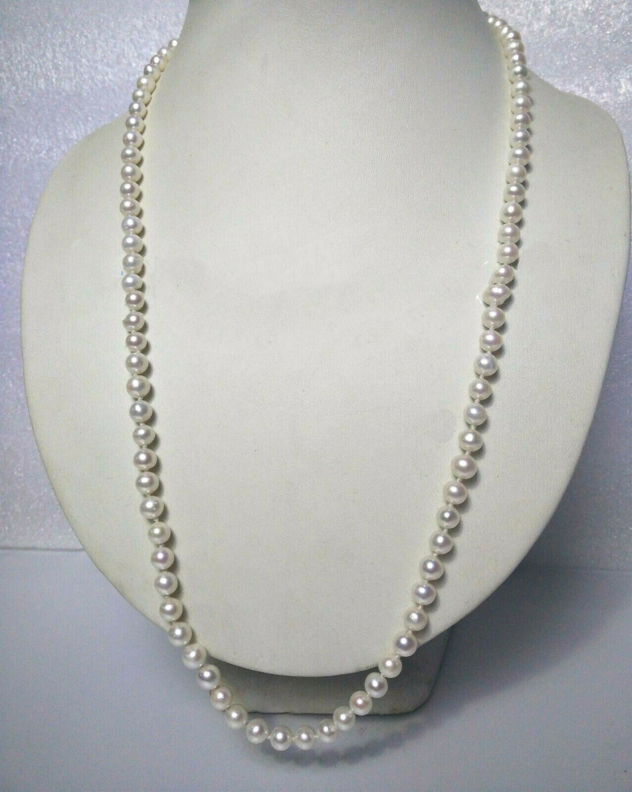 Long 24″ 20″ Natural AAA 6-7mm Akoya White Pearl Necklace 14k Yellow Gold Clasp