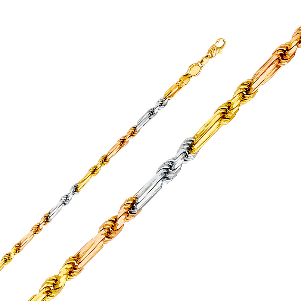 14K Tri Color Solid Gold 4mm Figarope Chain Necklace with Lobster Clasp